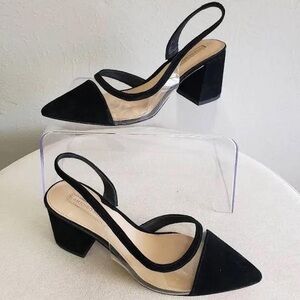 Antonio Melani faux suede clear pvc black slingback block heel pointed toe heels